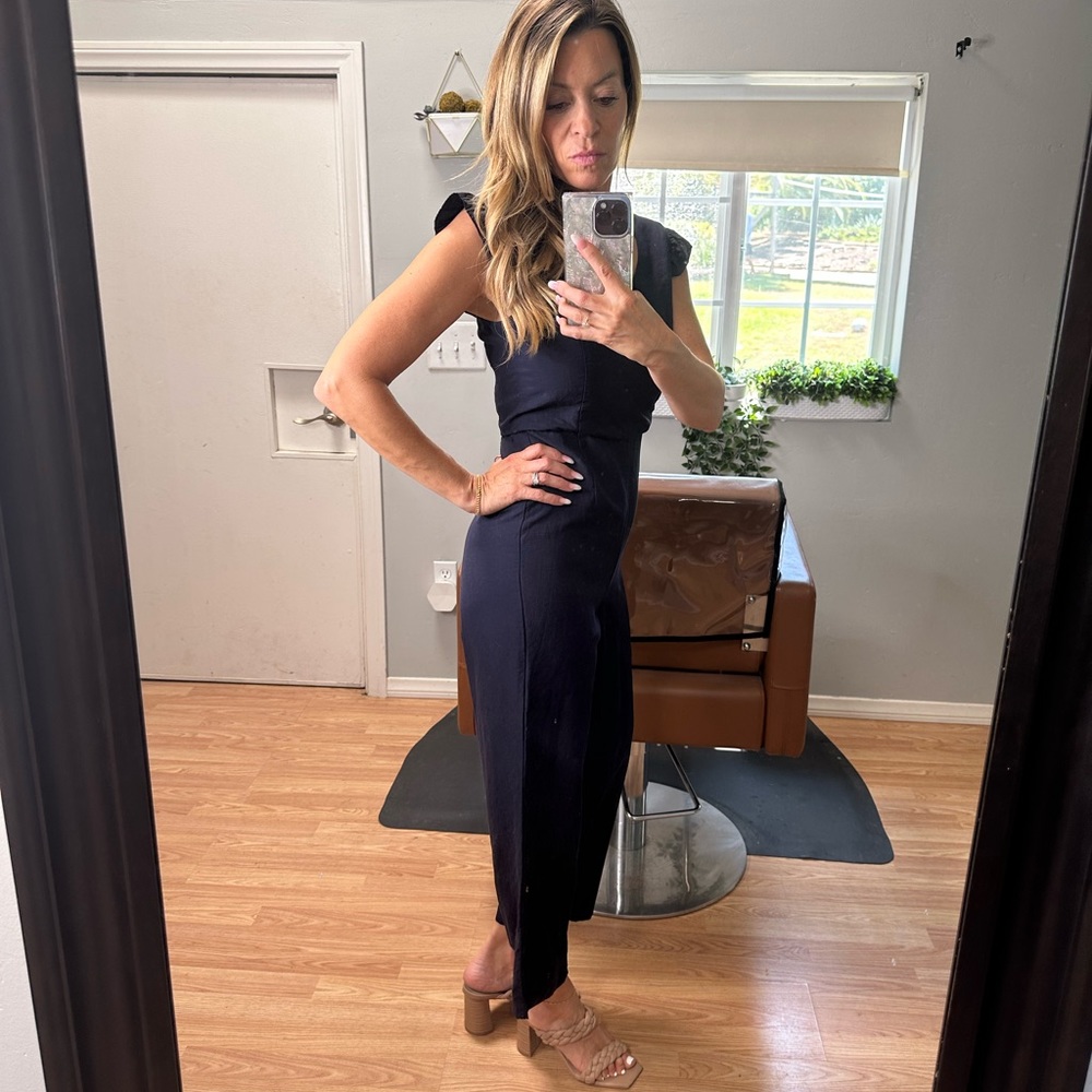 Navy blue linen blend romper with ruffle sleeve